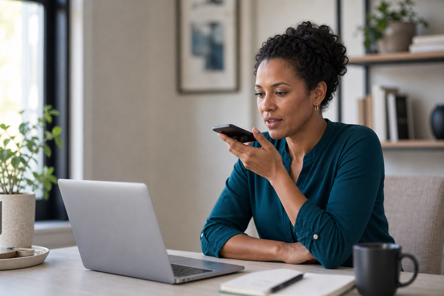 Woman speaking into her phone during a Convo Agent interview