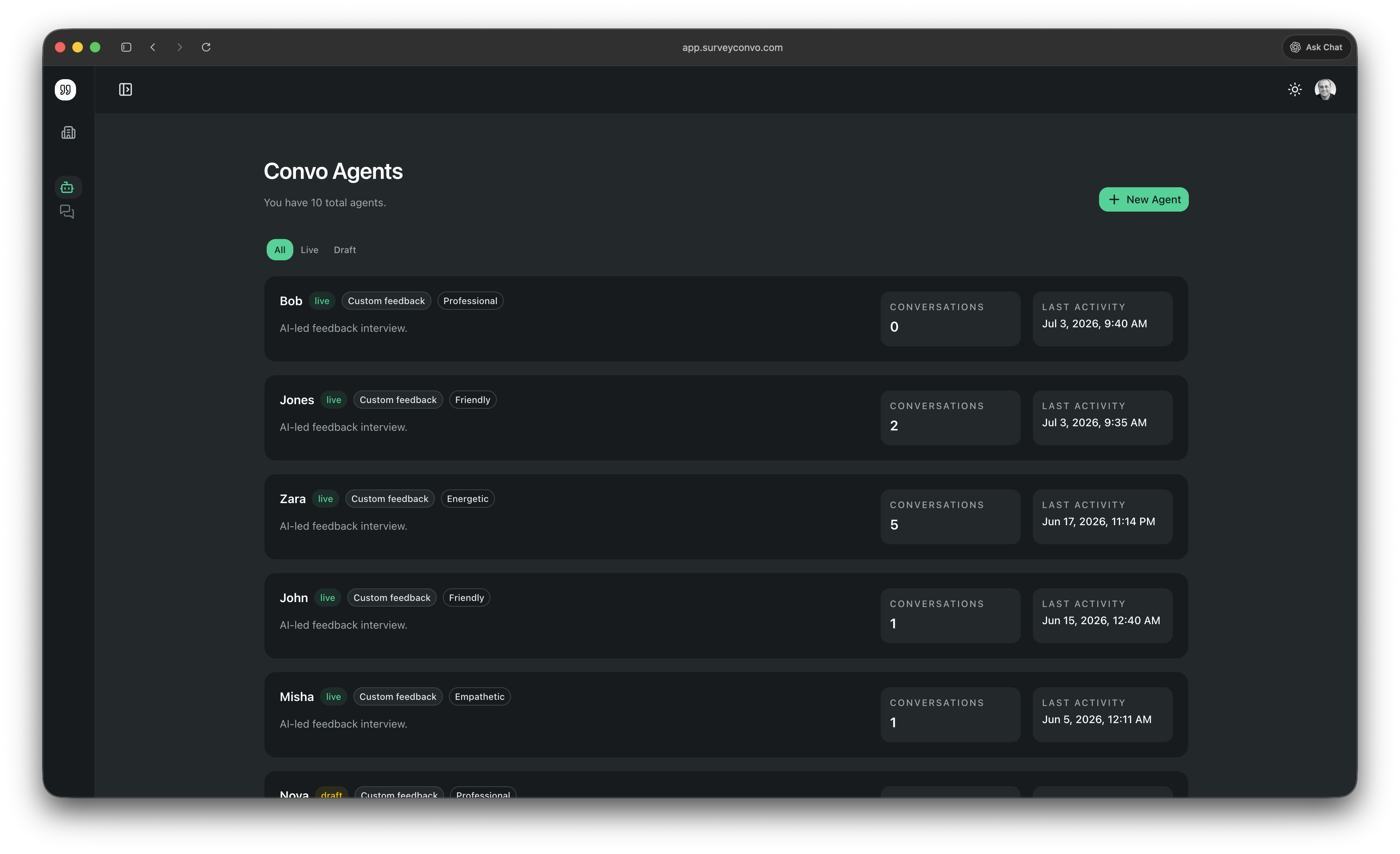 Convo Agents screen listing every AI interviewer with live or draft status, conversation counts, and last activity