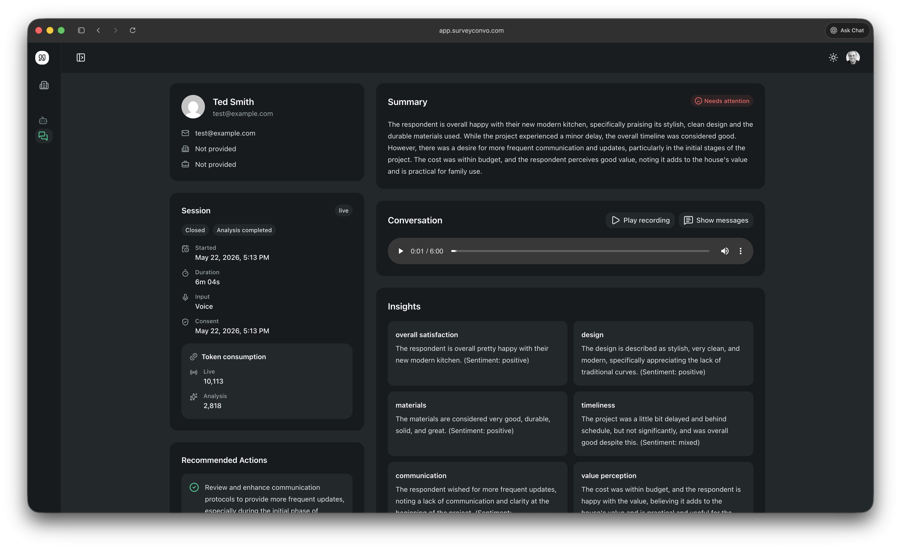 A conversation record with summary, audio recording, sentiment-tagged insights, and recommended actions