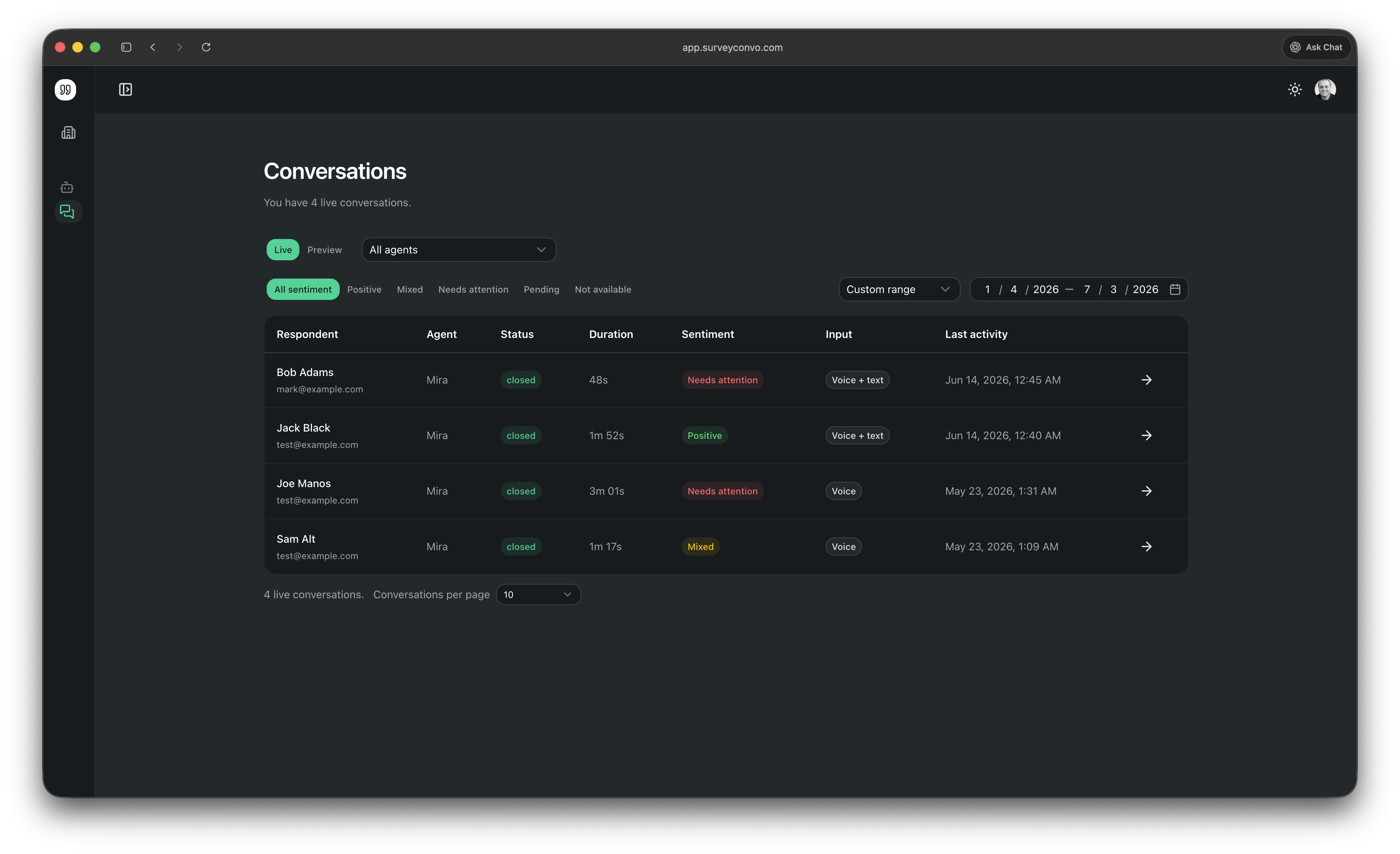 Conversations list showing respondents, sentiment, duration, and input type for every interview